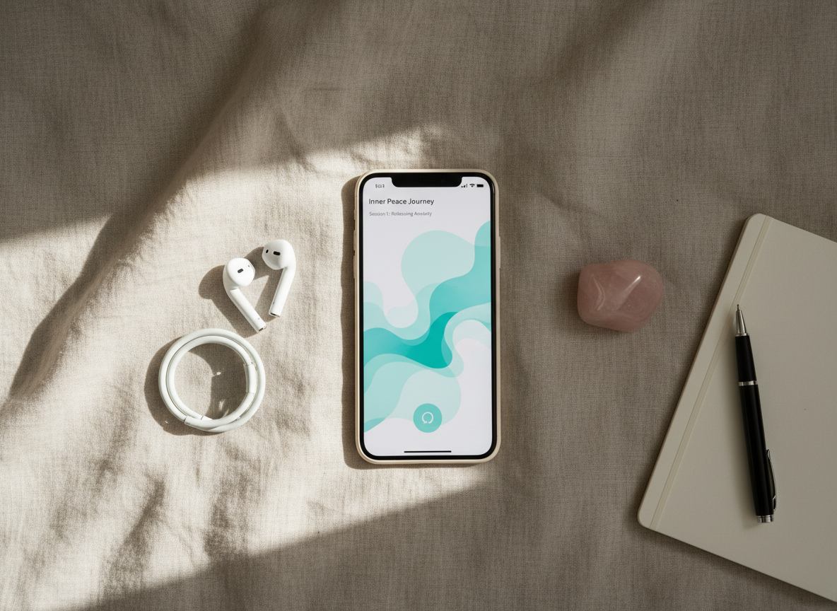 A close-up, photographic realistic scene of a smartphone resting on a soft linen bedspread in muted sand tones, displaying a calm, abstract hypnotherapy app interface with swirling teal and aqua shapes. Around the phone lie a pair of neatly coiled earbuds, a small rose quartz stone, and a minimalistic notebook with a fine-tip pen. Soft, diffused overcast daylight enters from the side, creating gentle shadows and a matte, calming texture on the fabric. Shot from directly above with a clean, centered composition and shallow depth of field on the phone, the mood is peaceful, private, and introspective, evoking the quiet focus of an online hypnotherapy session for managing anxiety and insecurity.