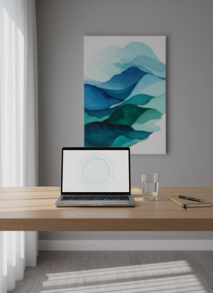 A minimalist, modern home workspace designed for online hypnotherapy sessions without any people present. A sleek laptop with a discreet, calming spiral pattern on the screen rests on a light oak desk, next to a glass of water and a small notebook with a pen aligned neatly. Behind, a soft gray wall features an abstract, wave-like painting in blues and greens symbolizing emotional balance. Gentle morning light filters through sheer white curtains, casting diffused, soothing shadows. Photographic realism, shot at eye level with a shallow depth of field, focusing on the laptop while the background softly blurs to create a serene, professional and trustworthy atmosphere for Brazilian clients abroad.