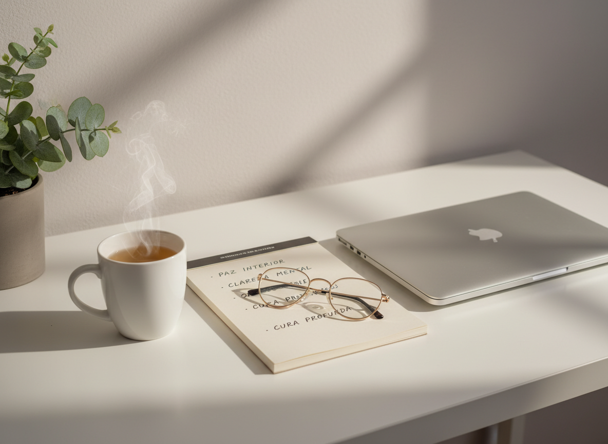 An elegant, clutter-free therapist’s desk scene without any human presence, symbolizing professional and conscious hypnotherapy practice. On a matte white surface sit a ceramic mug of herbal tea, an open Portuguese-language notebook with neat, handwritten affirmations, and a pair of thin-framed reading glasses resting beside a closed laptop. In the background, a potted eucalyptus plant adds soft green tones against a pale, warm-gray wall. Soft studio lighting mimics natural daylight, creating subtle reflections on the mug and laptop and gentle shadows under the objects. Photographic realism, framed with the rule of thirds at a slightly oblique angle, conveying clarity, professionalism, and emotional grounding for Brazilian clients worldwide.