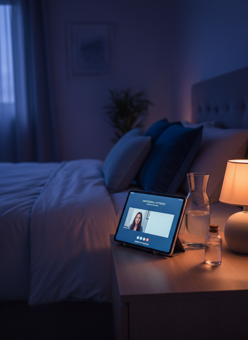 A serene night-time environment suggesting preparation for an online hypnotherapy session focused on emotional patterns, entirely without people. A neatly made bed with a soft gray duvet and blue accent pillows faces a small bedside table holding a tablet with a paused video call screen, its glow the primary light source. A glass carafe of water and a small, closed lavender essential oil bottle sit beside it. The room is dim, with only the tablet’s cool light and a warm, low bedside lamp casting gentle, layered shadows and reflections. Photographic realism, shot from a low angle near the table, with a calm, intimate atmosphere emphasizing safety, introspection, and emotional regulation before sleep.