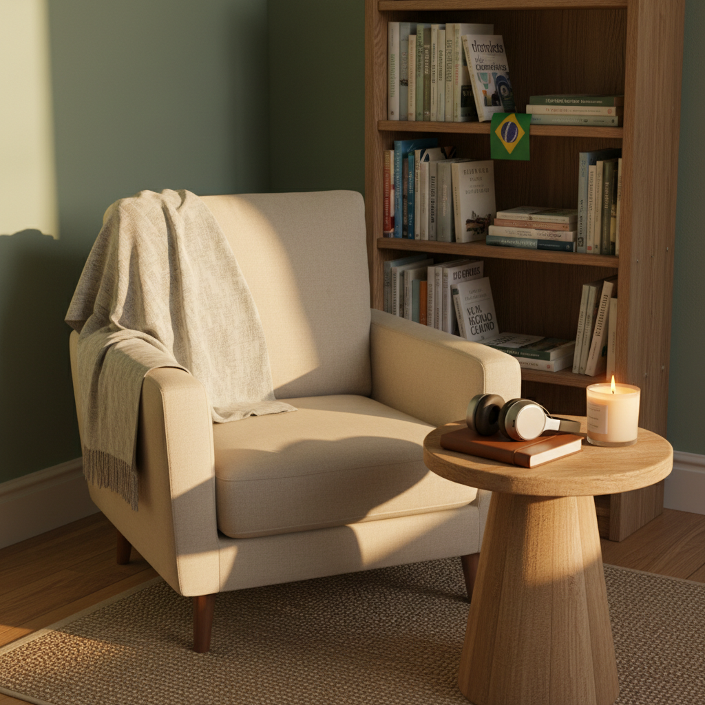 A cozy living room corner arranged as a tranquil self-therapy space, free of people, emphasizing online hypnotherapy. A plush, light-beige armchair with a textured throw blanket faces a small round wooden side table holding wireless headphones, a closed journal, and a lit soy candle in a frosted glass jar. In the background, a neatly organized bookshelf holds a small Brazilian flag and wellness books in Portuguese. Warm late-afternoon light streams from an unseen window, creating gentle highlights and soft, elongated shadows. Photographic realism from a slightly elevated angle, with balanced composition and clear focus throughout, conveying safety, emotional comfort, and a sense of home for Brazilians living abroad.